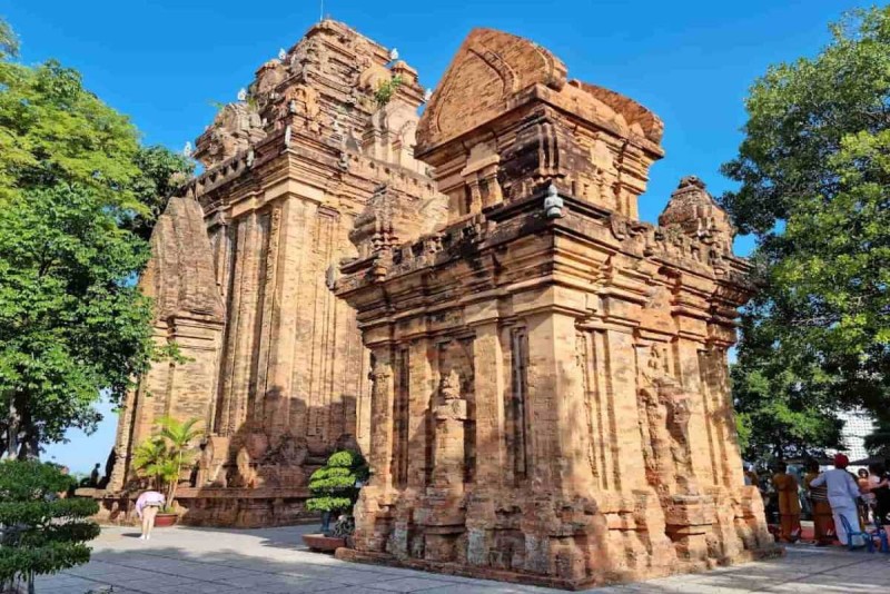 Cham Po Nagar Towers Architectural Details Nha Trang Close-up view of detailed brick carvings and sculptures on Cham Po Nagar Towers in Nha Trang