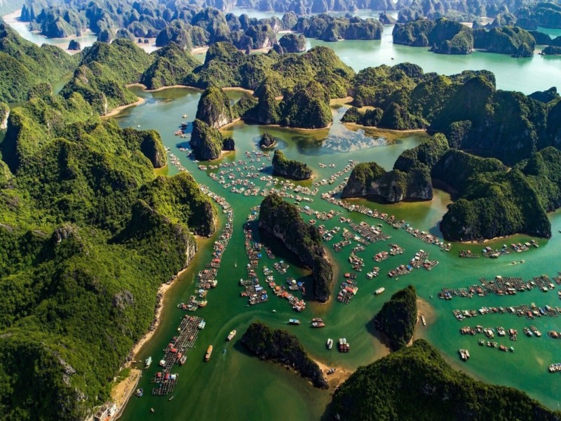 Lan Ha Bay Floating Village Wonderland Aerial view of floating village wonderland in Lan Ha Bay