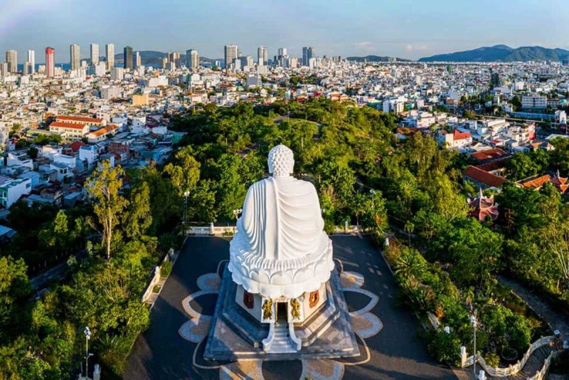 View from the Buddha statue at Long Son Pagoda View from the giant Buddha statue overlooking Nha Trang city and ocean at Long Son Pagoda