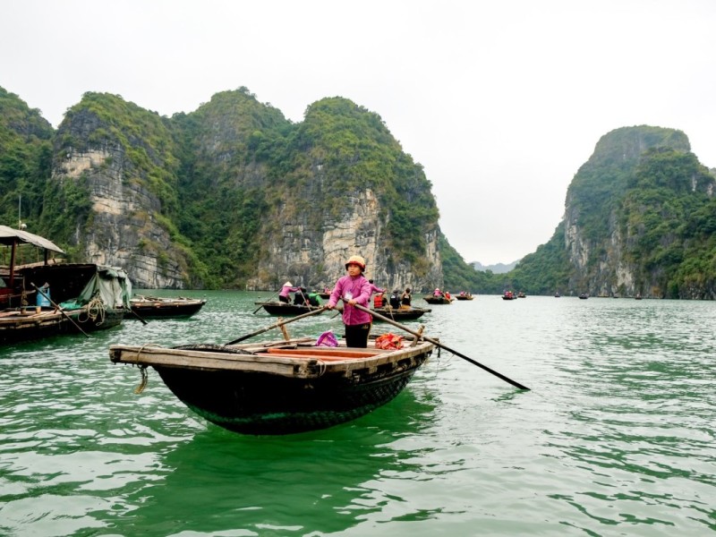 Rowing bamboo boats in Vung Vieng Fishing Village