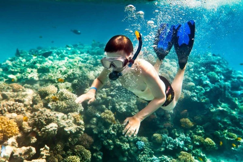 Snorkeling near Mun Island with crystal-clear water Snorkelers floating in the clear blue waters surrounding Mun Island with coral reefs below