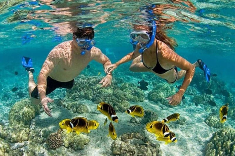 Snorkeling couple enjoying Mun Island marine life Couple snorkeling near Mun Island experiencing colorful tropical fish and clear waters