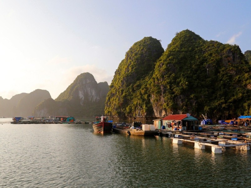 Tranquil Floating Village in Lan Ha Bay Picturesque floating village nestled in Lan Ha Bay