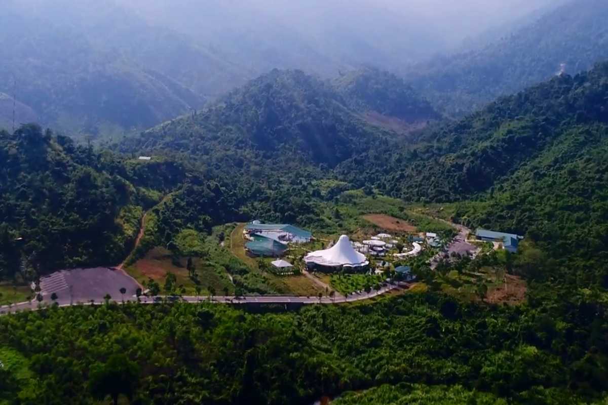 Aerial view of Yang Bay Tourist Park Aerial landscape showing Crocodile Farm Yang Bay and eco-tourism park facilities in the hills.