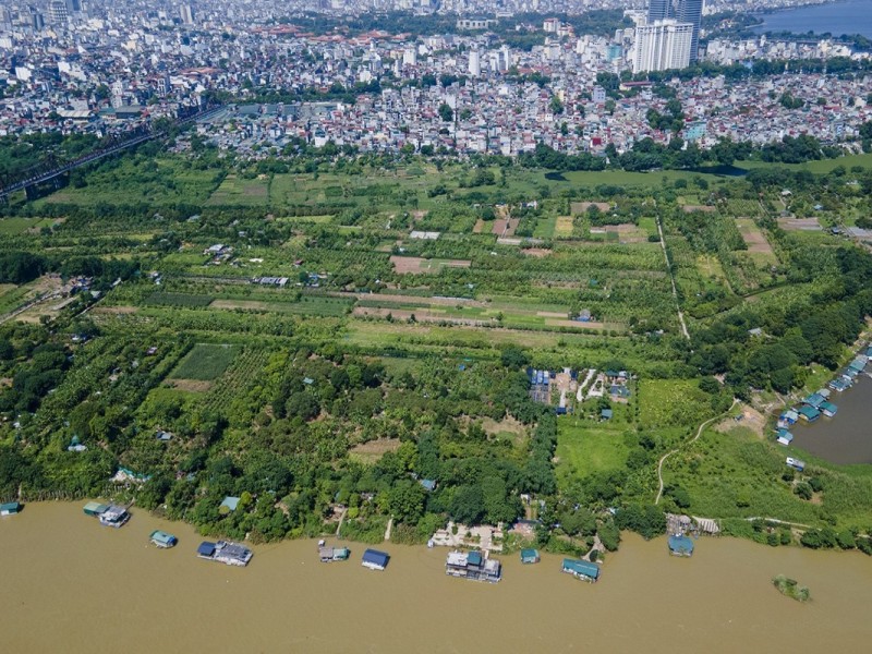 Aerial View of Banana Island near Long Bien Aerial view of Banana Island near Long Bien Bridge with lush greenery
