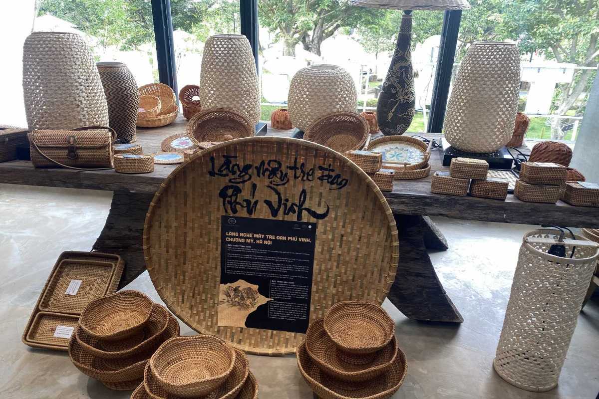 Handmade bamboo crafts at Phu Vinh Collection of woven bamboo baskets and trays on display at Phu Vinh Ancient Village