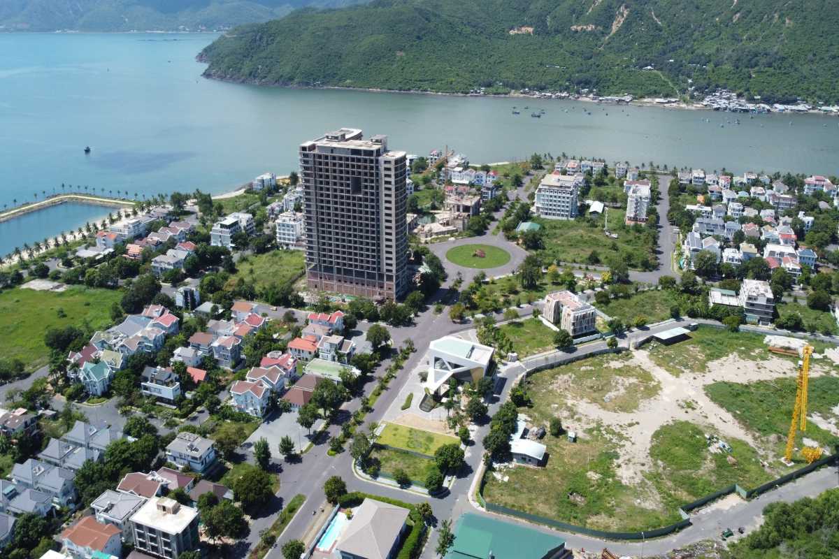 Bird's eye view of Cam Ranh Bay area showing coastal landscape and buildings