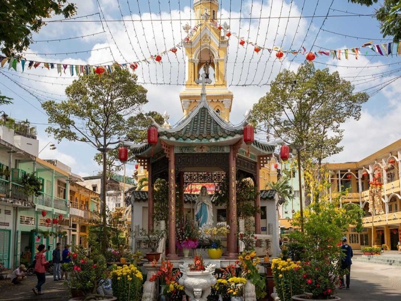 Cha Tam Church in Chinatown Saigon Entrance to Cha Tam Church in Chinatown Saigon, a historical site with traditional architectural elements.
