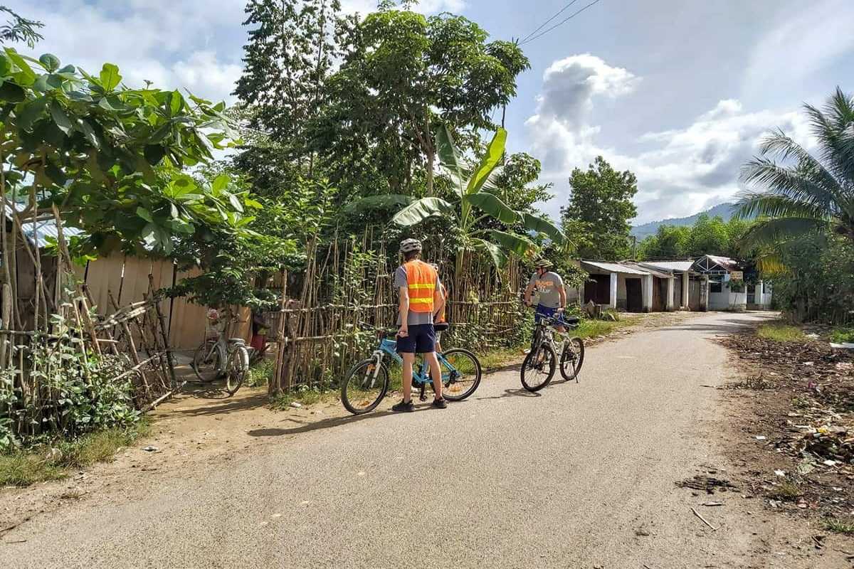 Cycling Through Raglai Minority Villages Tourists on bicycles explore a rural Raglai village road lined with bamboo fences and tropical greenery under a clear sky.