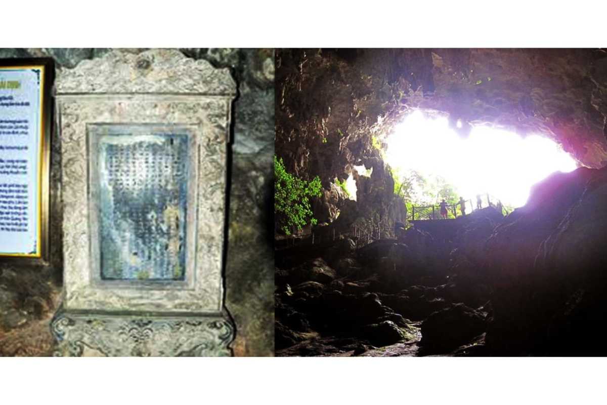 Historic stone inscription panel displayed inside Dau Go Cave Halong Bay near the cave entrance area.