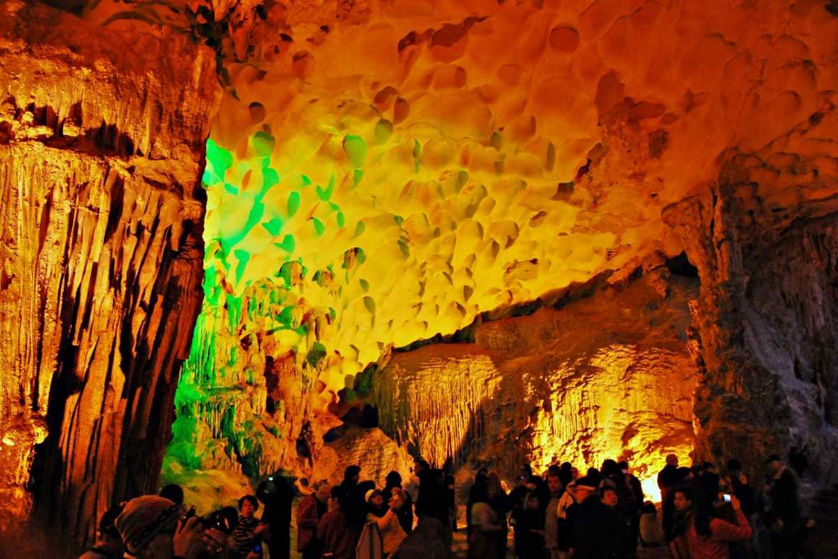 Textured ceiling formations in Dau Go Cave Halong Bay lit with natural and artificial lights creating vivid colors.