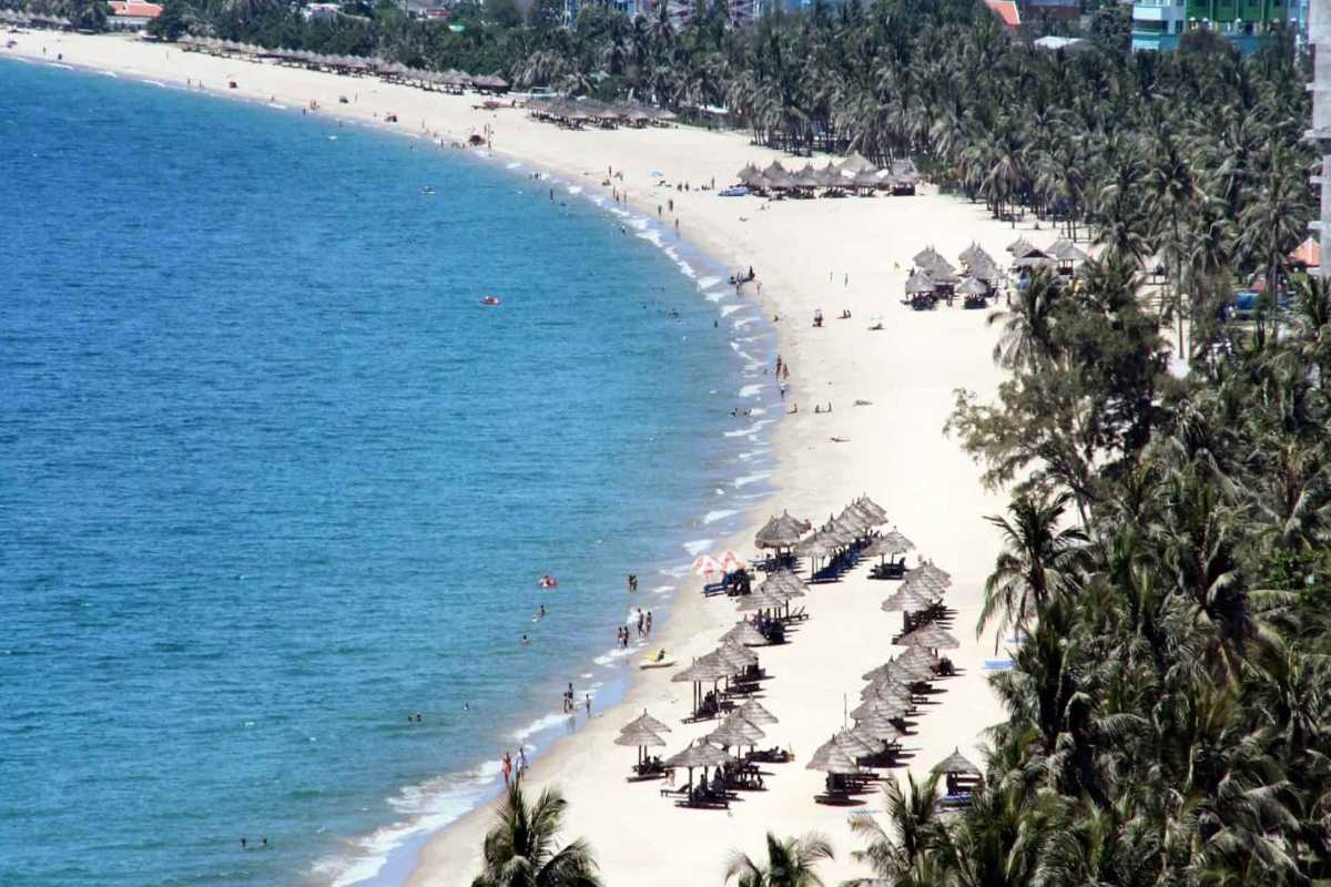 Doc Let Beach Aerial from North Aerial perspective of Doc Let Beach showing its long curve of white sand and lines of palm trees along the coastline.