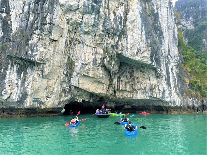 Exploring Luon Cave by Boat, Halong Bay A boat with tourists entering Luon Cave in Halong Bay, Vietnam, framed by lush greenery and limestone cliffs.