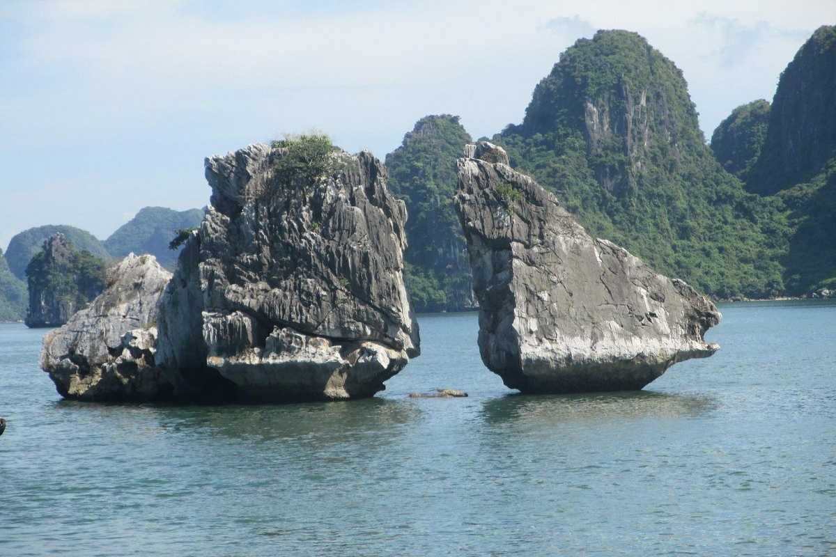 Clear day view of Fighting Cocks Islet Halong Bay with bright blue sky and emerald waters, surrounded by other islets.