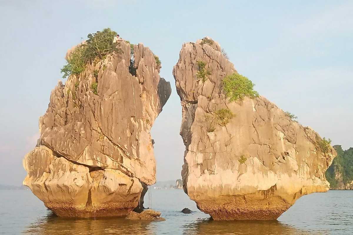 Clear sky background highlighting Fighting Cocks Islet Halong Bay’s unique rocky formations surrounded by water.