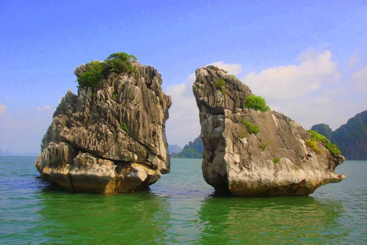 Fighting Cocks Islet Halong Bay showing two iconic limestone rock formations resembling fighting cocks
