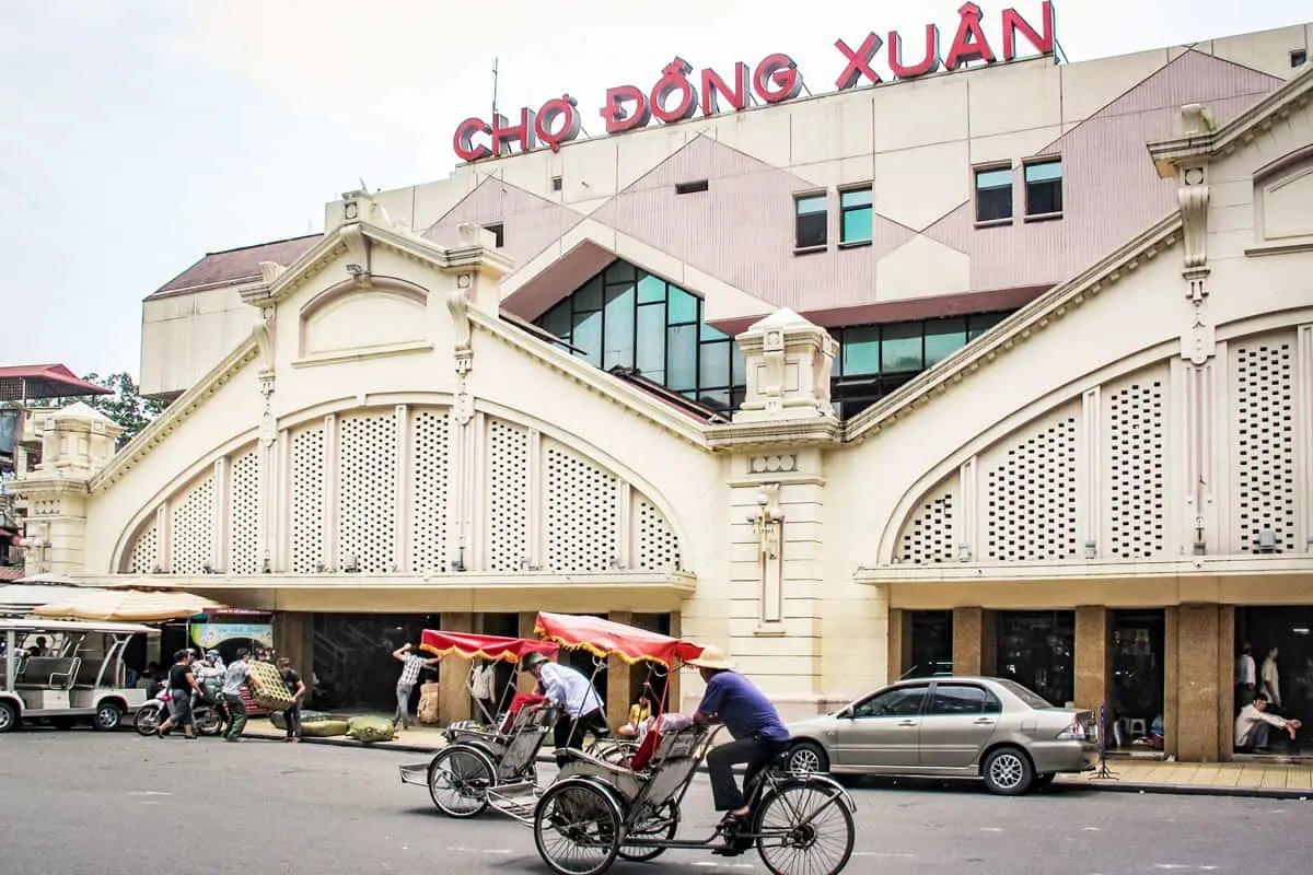 Front Facade of Dong Xuan Market Dong Xuan Market’s front facade with its distinctive architecture and busy market activities