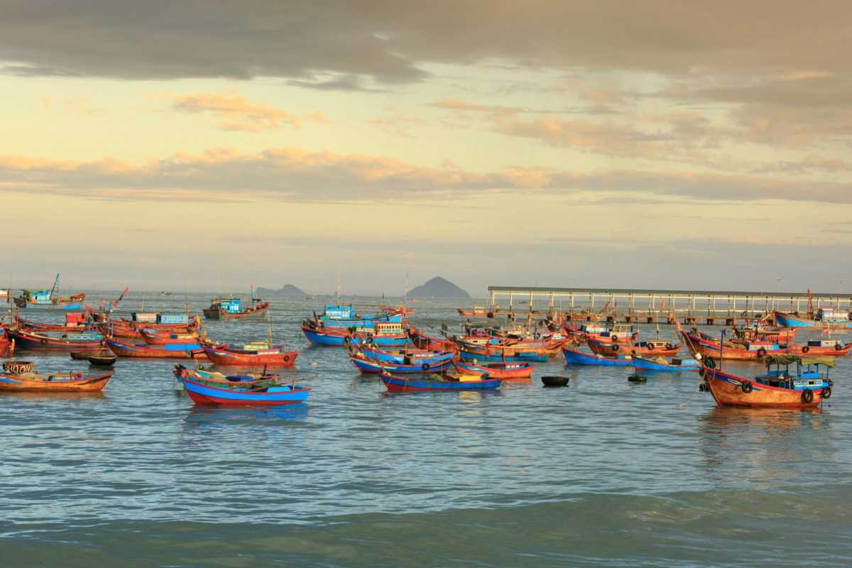 Fishing Fleet at Golden Hour in Nha Trang A large number of colorful fishing boats floating in Nha Trang waters during golden hour with pier in background.