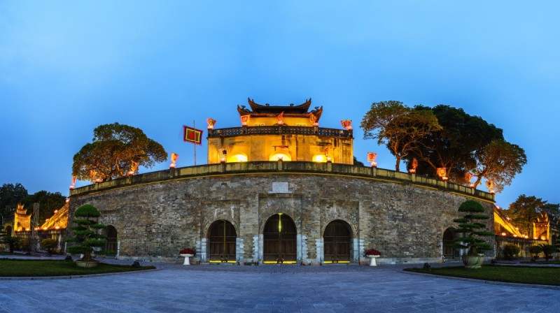 Imperial Citadel of Thang Long Illuminated at Night The main gate of the Imperial Citadel of Thang Long beautifully lit at night, showcasing its grand architecture and historical significance.