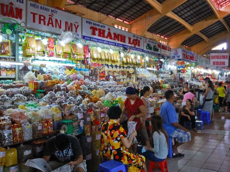 Inside Ben Thanh Market - A Food Lover's Paradise Colorful stalls filled with local delicacies inside Ben Thanh Market.