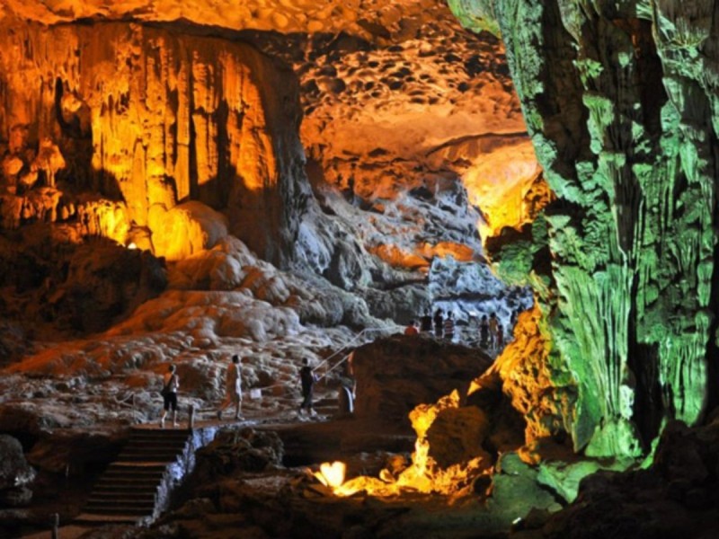 Legends of Thien Cung Cave in Halong Bay The legendary Thien Cung Cave, known for its mythical connection to the Dragon King, with ancient formations telling the story of its magical origins.