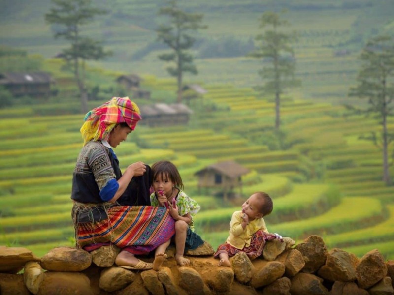 Mother and children sitting on a stone wall with rice terraces in Muong Hoa Valley, showcasing traditional H'mong attire.