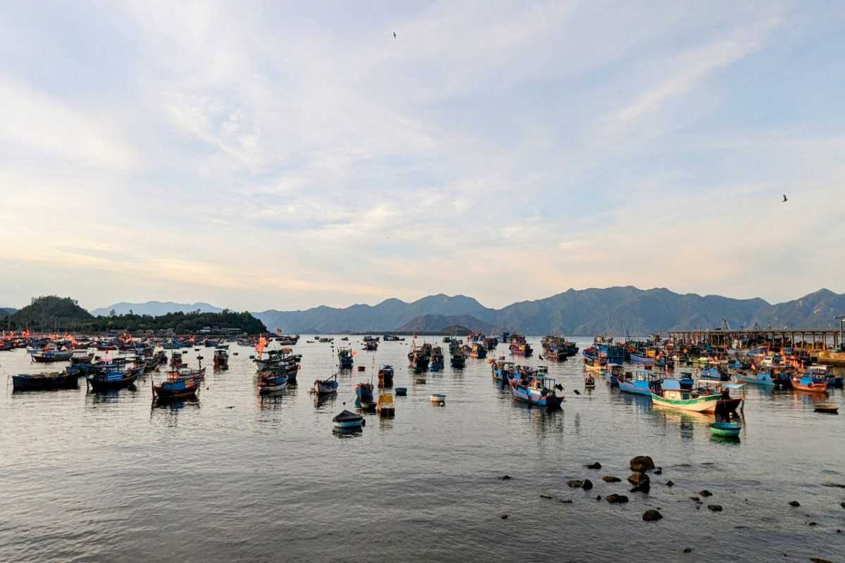 Fishing Boats Docked in Nha Trang Bay Panoramic view of colorful fishing boats docked in Nha Trang Bay with mountain backdrop and calm waters.