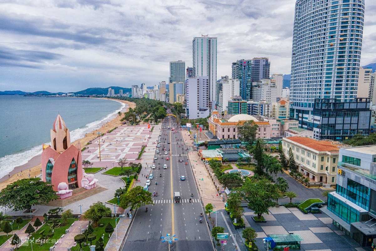 Nha Trang beachfront boulevard Wide angle view of central Nha Trang with the beachfront boulevard and pink Lotus Tower