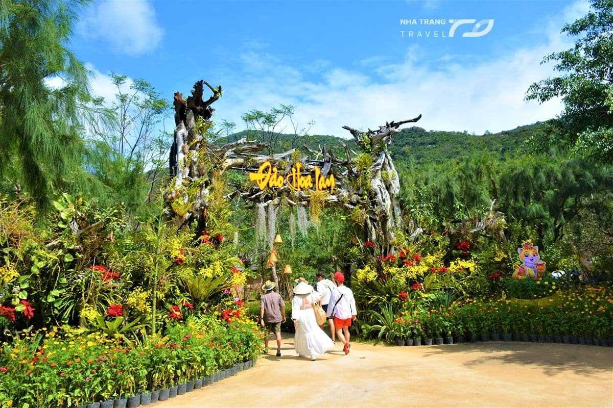 Orchid Stream Island Floral Entrance Nha Trang Decorative floral entrance with visitors walking into Orchid Stream Island, Nha Trang