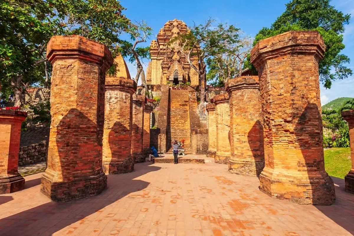 Mandapa Pillars at Ponagar Cham Towers View of Mandapa area with tall brick pillars at Ponagar Cham Towers leading to the main temple in Nha Trang