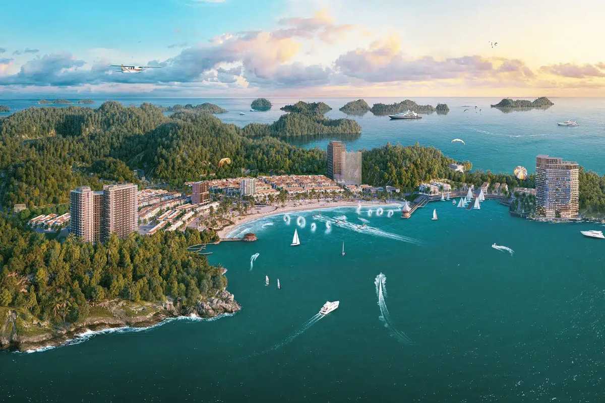 Clear blue sea waters and rocky shorelines on Quan Lan Island