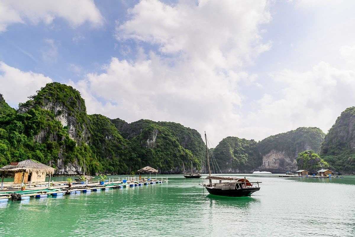Several speedboats docked at Quan Lan Island pier with clear blue waters and green hills in the background