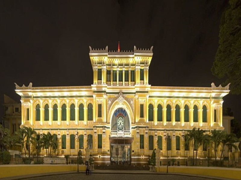 Saigon Central Post Office at Night Saigon Central Post Office lit up at night showing its stunning French colonial design
