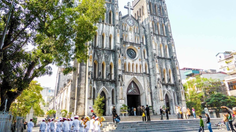 St. Joseph’s Cathedral in Hanoi French Quarter The grand facade of St. Joseph’s Cathedral in the French Quarter Hanoi, featuring neo-Gothic architecture.