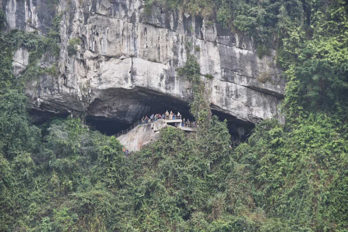 Entrance to Sung Sot Cave Halong Bay showing visitors on the walkway amid towering limestone cliffs and greenery