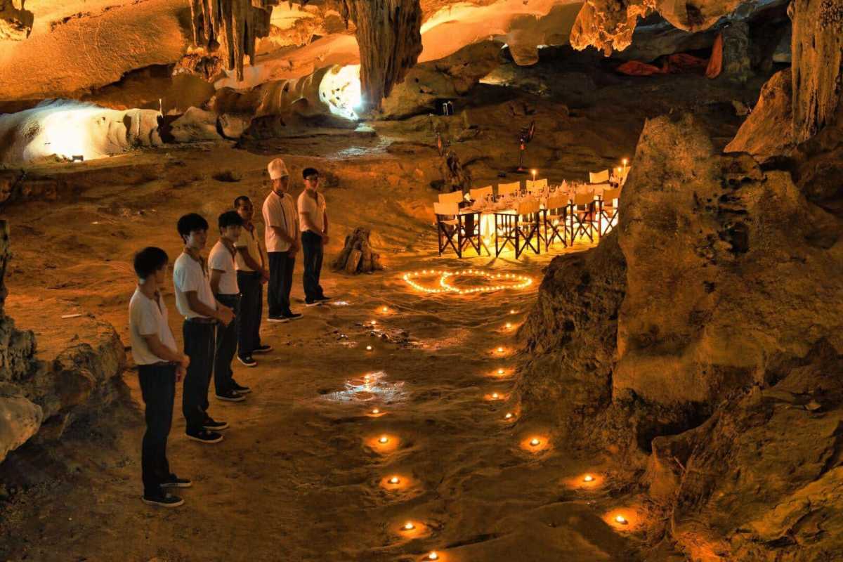 Close-up view of stalactites and stalagmites inside Thien Canh Son Cave, Quang Ninh
