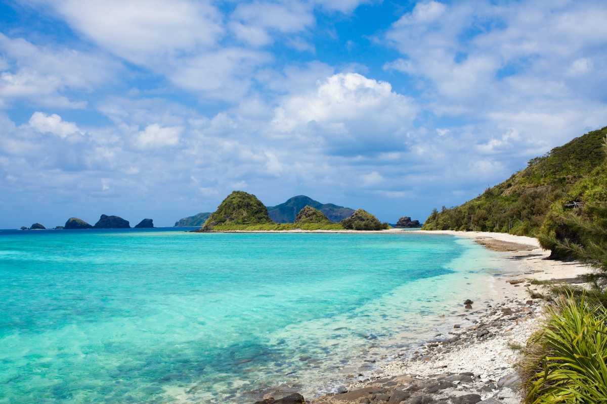 Tropical beach scene at Tien Beach Nha Trang with white sand, turquoise sea, and tall palm trees along the shore.