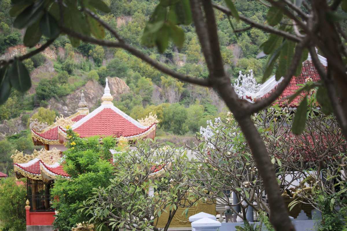 View of Tong Lam Lo Son Pagoda with red tiled roofs surrounded by lush green trees in Dien Khanh District