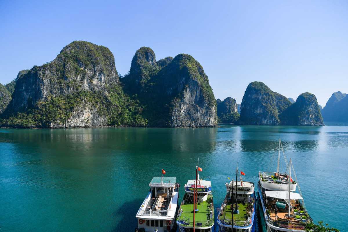 Tourists walk along wooden pathways inside Drum Cave Halong Bay, engaging with the natural surroundings safely.