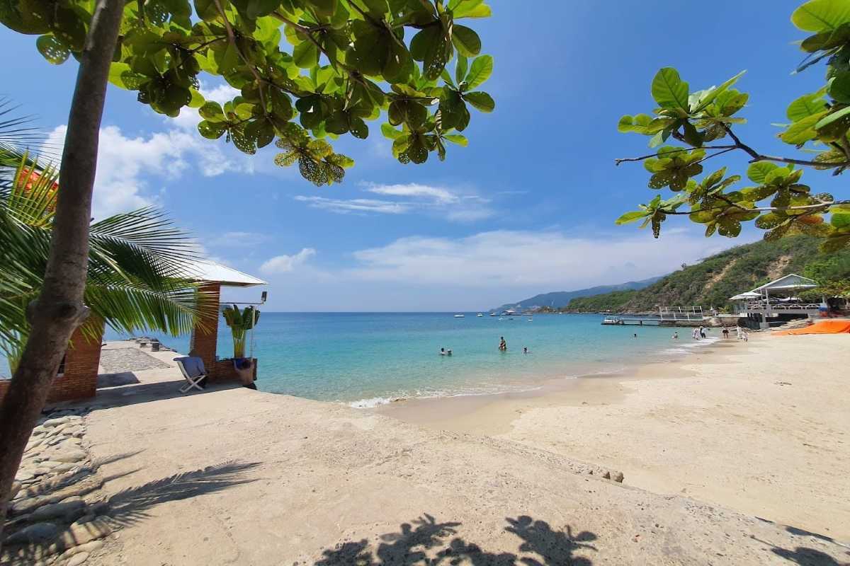 Tranh Beach Nha Trang Shaded Sandy Shore Shady trees along the sandy shore with visitors swimming at Tranh Beach Nha Trang