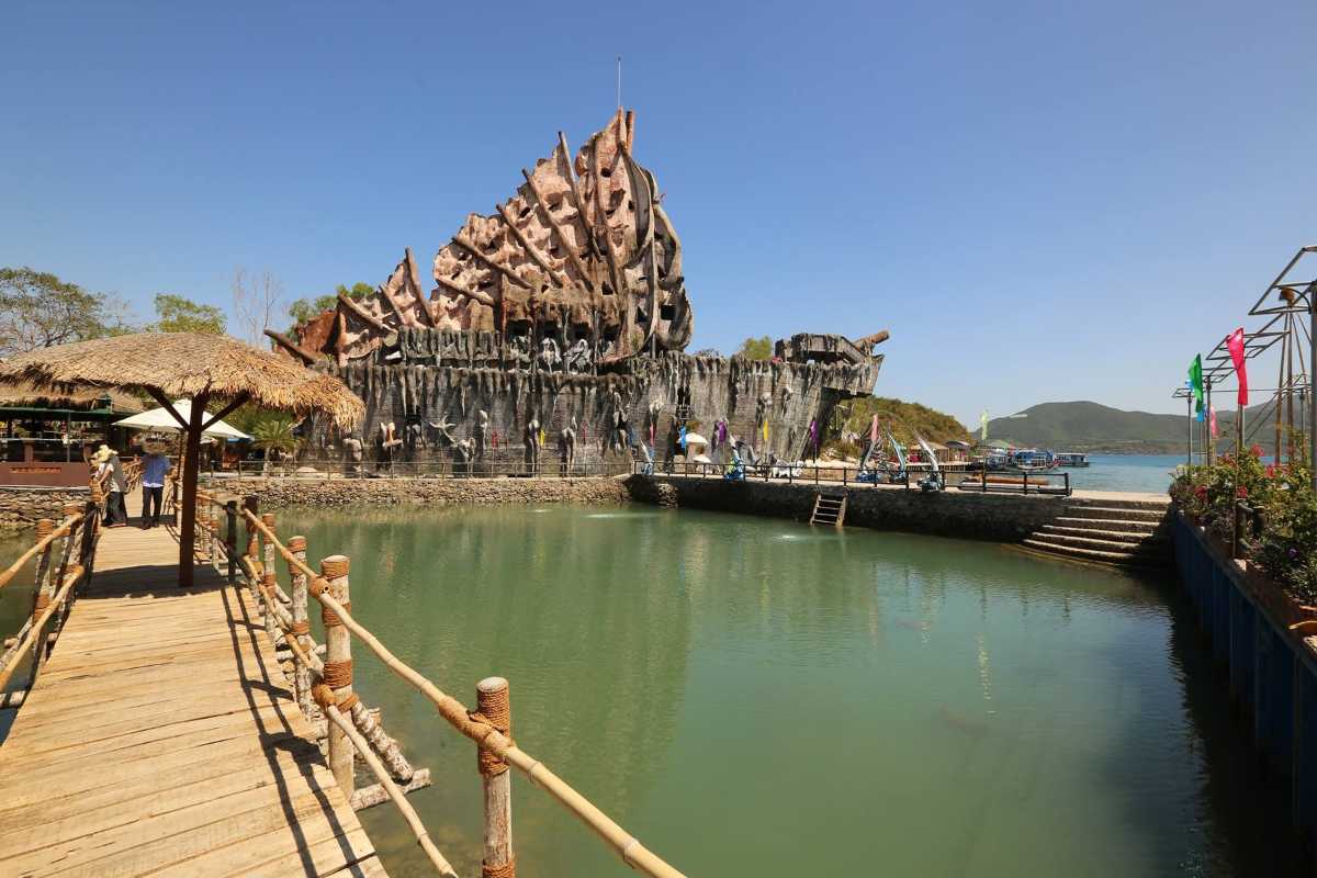 Tranh Beach Nha Trang Water Park Overhead view of inflatable water park and beach activities at Tranh Beach Nha Trang