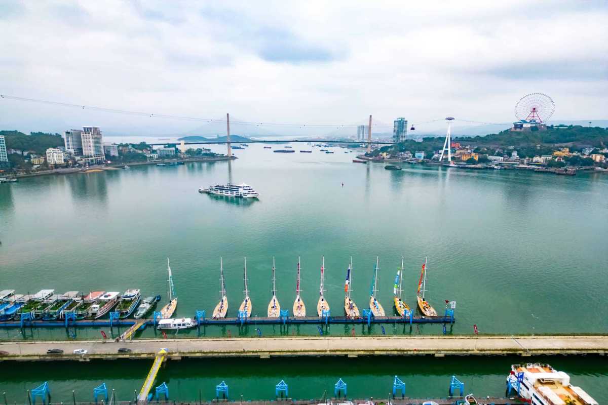 Panoramic river view at Tuan Chau Harbor Halong with boats docked and a cable car connecting the city skyline.