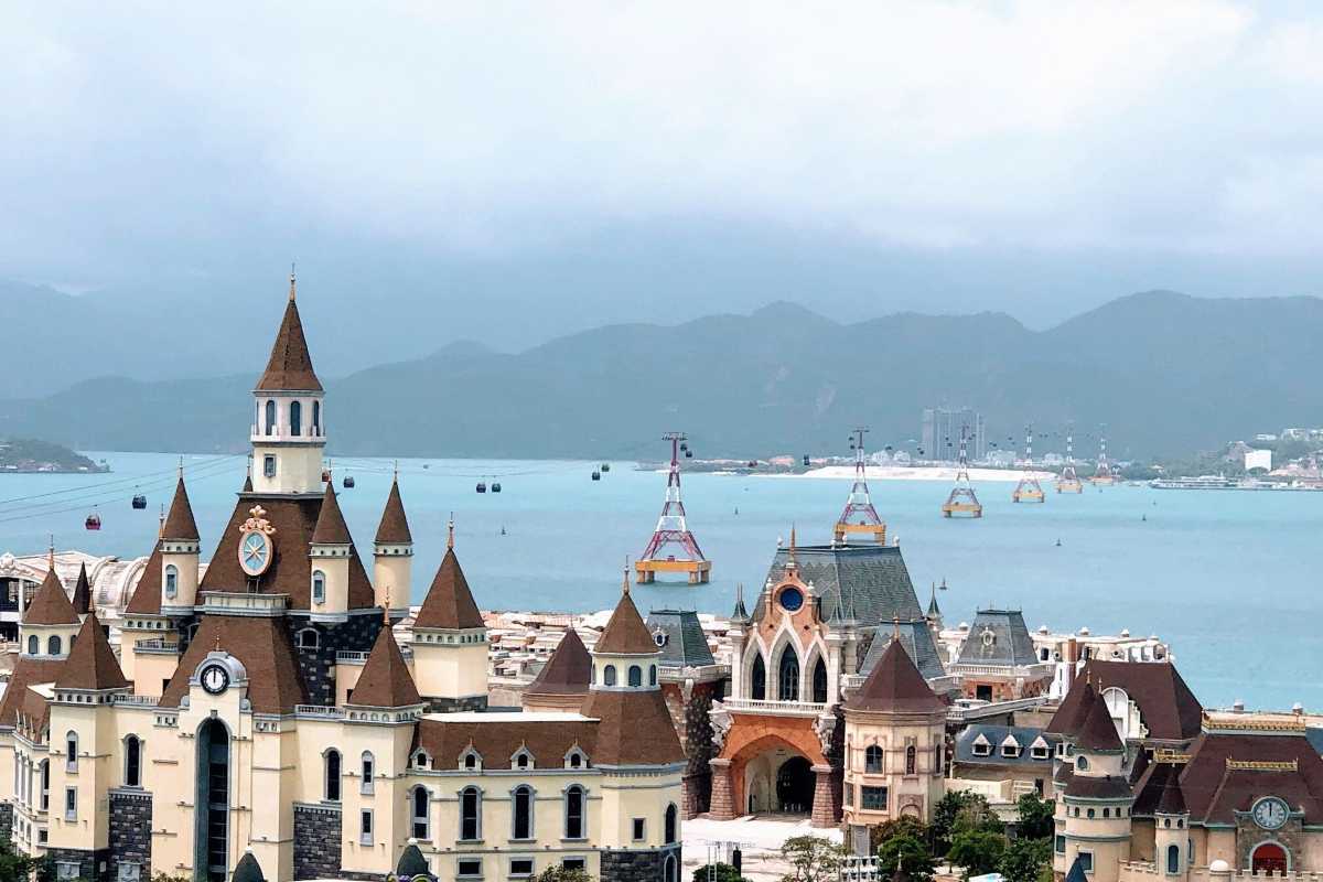 VinWonders Nha Trang Cable Car View Cable car cabins crossing over sea toward VinWonders Nha Trang