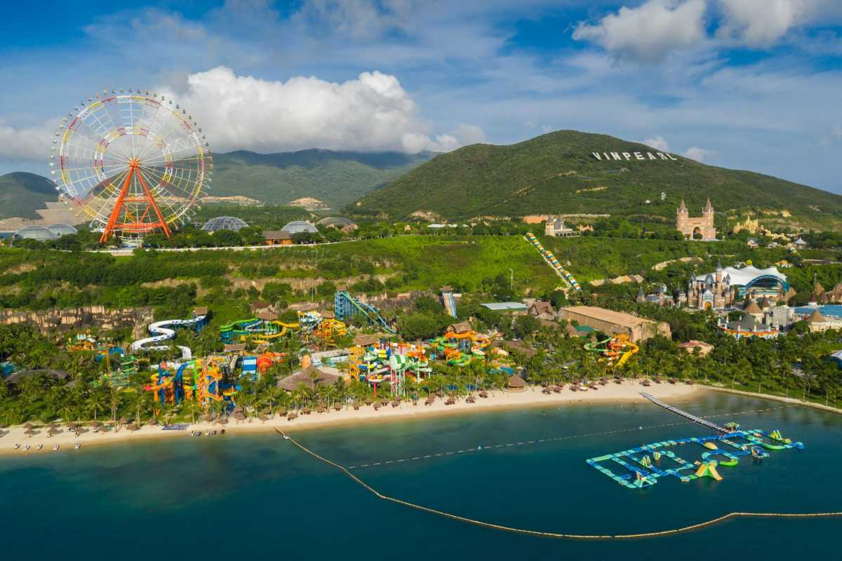 Aerial View of VinWonders Nha Trang Theme Park Scenic aerial view of the entire VinWonders Nha Trang theme park with attractions and coastline