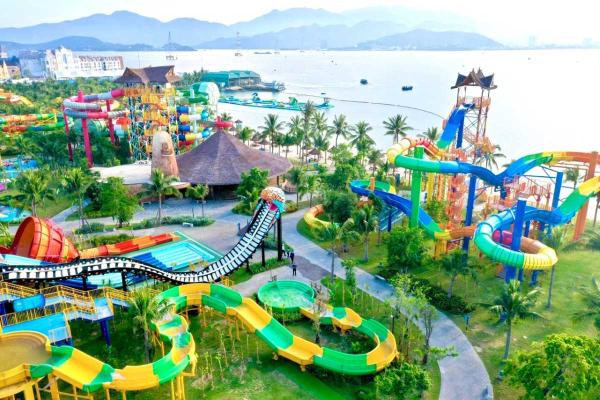 VinWonders Nha Trang Water Park Overview Aerial view showing expansive water slides and attractions at VinWonders Nha Trang