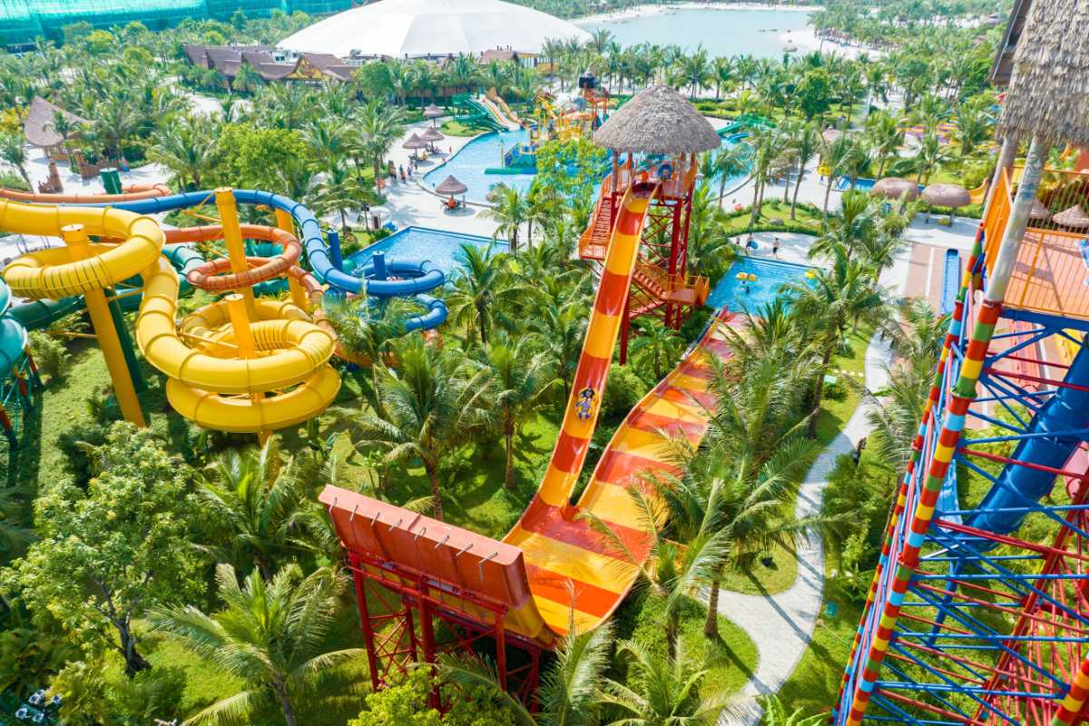 Colorful water slides and tropical greenery at VinWonders Nha Trang Water Park