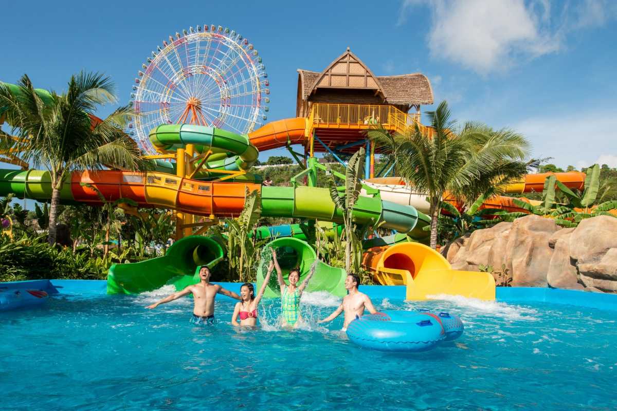 VinWonders Nha Trang Water Slides and Pools Families enjoying colorful water slides and pools at VinWonders Nha Trang