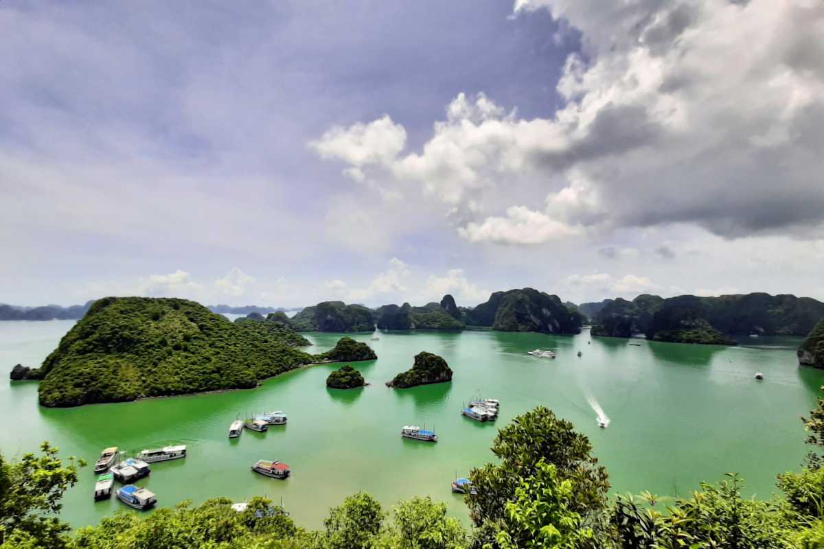 Lush green islands and boats anchored in Virgin Cave Halong Bay's calm waters