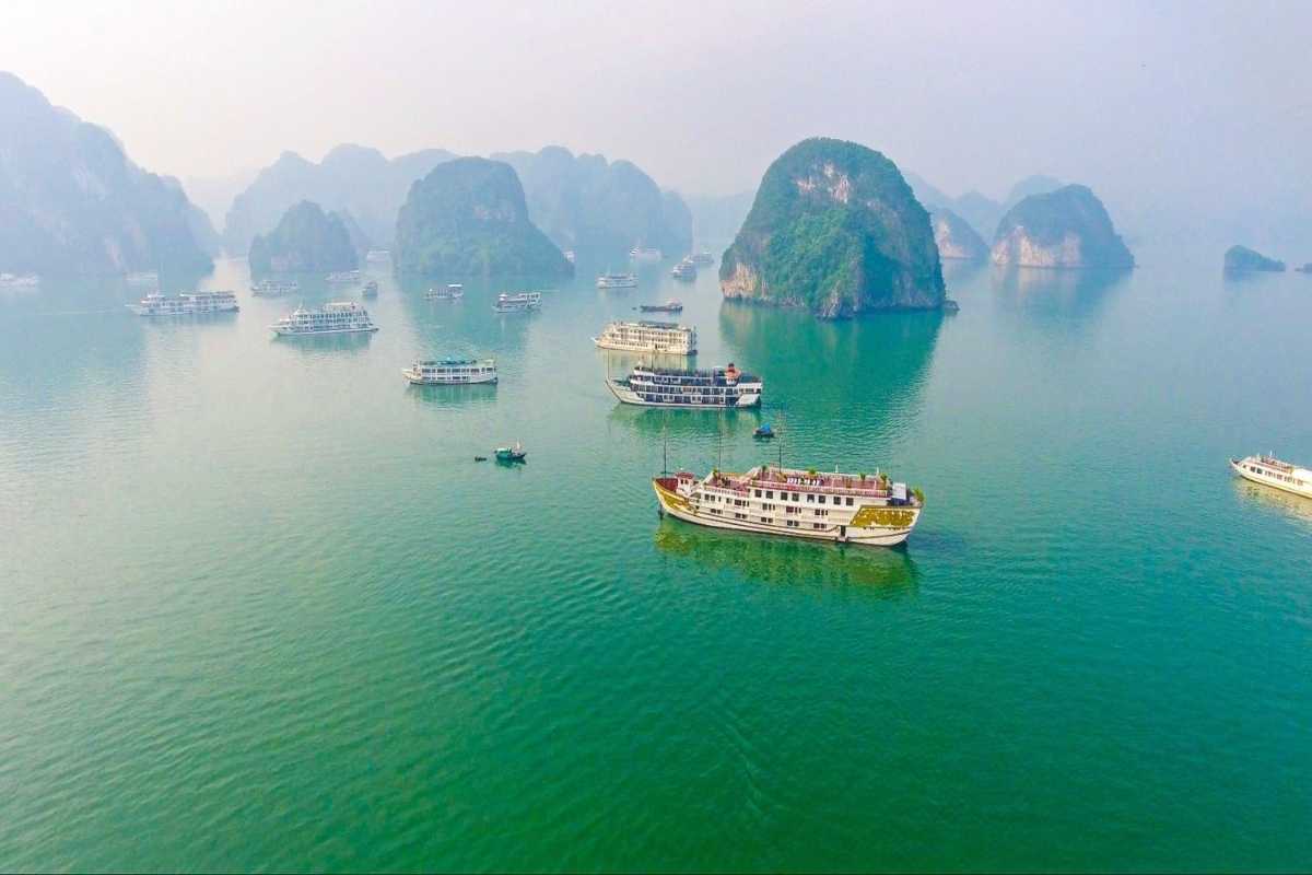 Illuminated stalactites inside Virgin Cave Halong Bay create a colorful and mysterious cave atmosphere