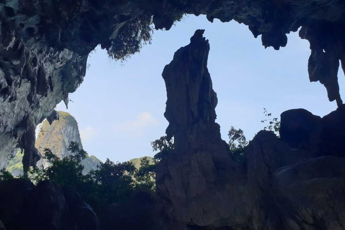 Visitors climbing the stone and wooden path toward the entrance of Drum Cave Halong Bay surrounded by lush greenery.
